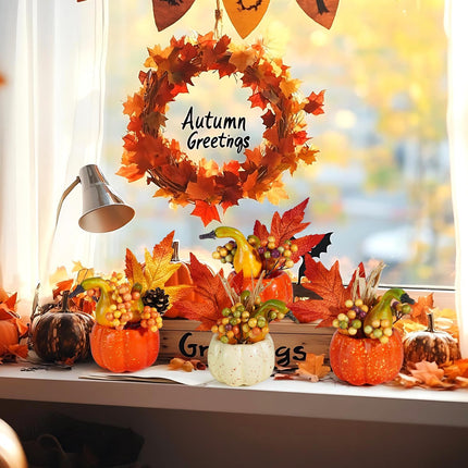 Set of 6 Artificial Pumpkins Decorations, Decorative Orange Pumpkin with Maple Berry Acorn Pine Cone Vegetables for Fall Thanksgiving Harvest Party Decoration