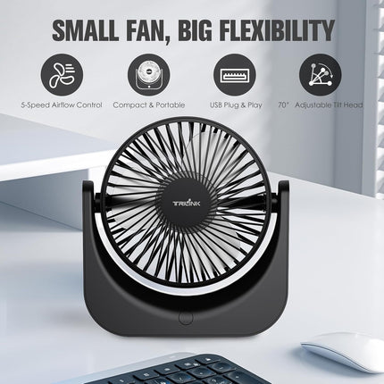 Small USB Desk Fan – 5-Speed Mini Table Fan with Adjustable Tilt, Ultra Quiet, USB Powered, Portable Cooling Fan for Home, Desktop, Bedroom, Bed, Office, Travel, and Camping (Black)