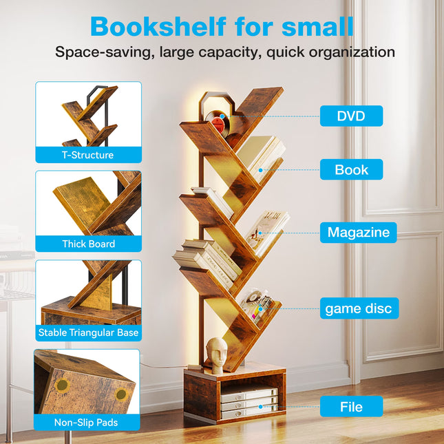 6 Tier Tree Bookshelf, Bookcase with LED Lights, Display Floor Standing Storage Shelf, Book Organizer Shelves for Home Office, Living Room, Vintage