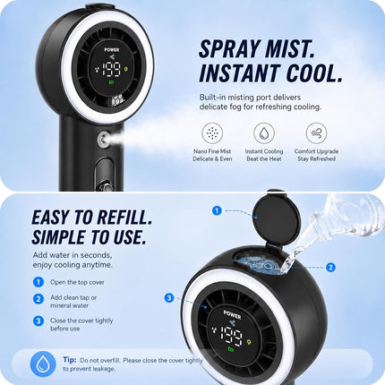 Portable Fan with Mist, Handheld Fan with 1-199 Speed, Ac-Level Ice Cooling Personal Fan, 26000 RPM Powerful Turbo Fan, 40Ml Water Tank & 5000Mah Battery Mini Fan for Travel, Makeup, Camping, Outdoors