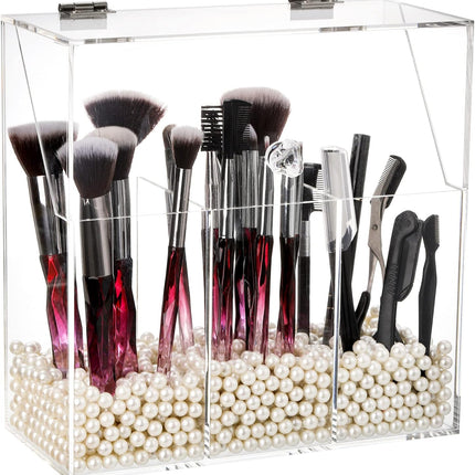 Makeup Brush Holder with Dustproof Lid, White Pearls, Acrylic Clear Makeup Brush Organizer with 3 Compartment, Large Cosmetic Brush Storage Box Case for Vanity, Bathroom, Bedroom