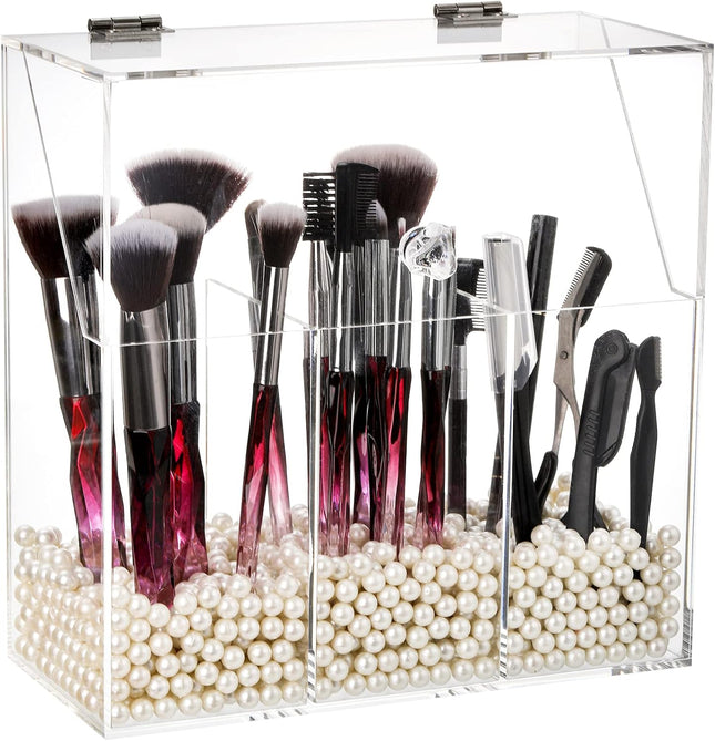 Makeup Brush Holder with Dustproof Lid, White Pearls, Acrylic Clear Makeup Brush Organizer with 3 Compartment, Large Cosmetic Brush Storage Box Case for Vanity, Bathroom, Bedroom