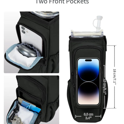 Insulated Water Bottle Carrier Bag with Strap & Handle for 30Oz 40Oz Tumbler Cup Holder Pouch with Phone Pocket & Straw Cover, Black