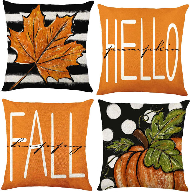 4Pcs Fall Pillow Covers 18 X 18 Inch Autumn Pumpkin Maple Leaves Harvest Throw Pillow Covers Cushion Cases for Thanksgiving Couch Sofa Outdoor Indoor Home House Decor