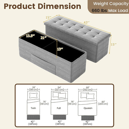 Storage Ottoman Bench, 43" L Folding Foot Rest Storage Chest with Side Pocket, Divider, Padded Seat Shoe Bench for Living Room Bedroom Hallway Entryway End of Bed (Light Gray)