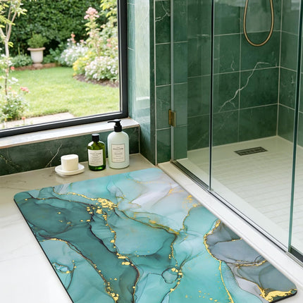 Marble Bathroom Mat Ultra Thin, 36X24 Non Slip Bath Rug, Turquoise