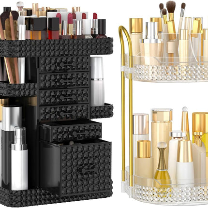 2 Pack Makeup Organizer Set, Black Makeup Organizer with 6 Drawers, Clear 2 Tier Rotating Makeup Organizer
