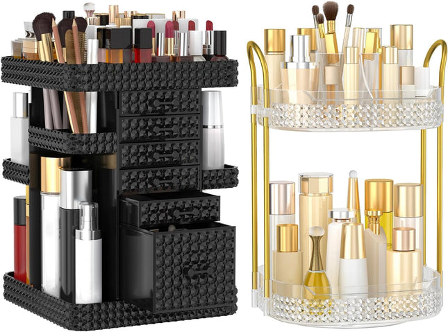 2 Pack Makeup Organizer Set, Black Makeup Organizer with 6 Drawers, Clear 2 Tier Rotating Makeup Organizer