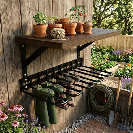 Wall Mount Boot Rack, Garden Tool Organizer with Curved Hooks & Wood Shelf,