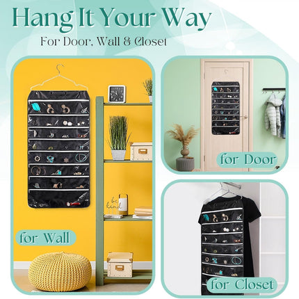 Hanging Jewelry Organizer with Zippered Pockets - (1 Pack) Black Closet Jewelry Organizer Storage with Hanger, 56 Pockets Dual Sided Earring Organizer Hanging for Bracelets, Watches, Ring