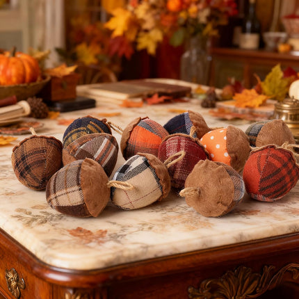 Felt Acorn Ornament, 3.15", Plaid and Polka Dot Pattern, Set of 12