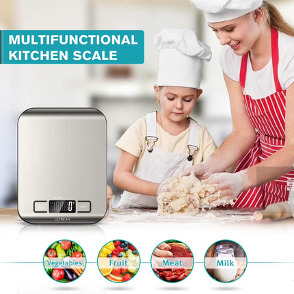Food Scale, Digital Kitchen Scale Grams and Ounces for Baking, Cooking and Meal Prep, 6 Units with Tare Function, LCD Display, 304 Stainless Steel, 11Lb