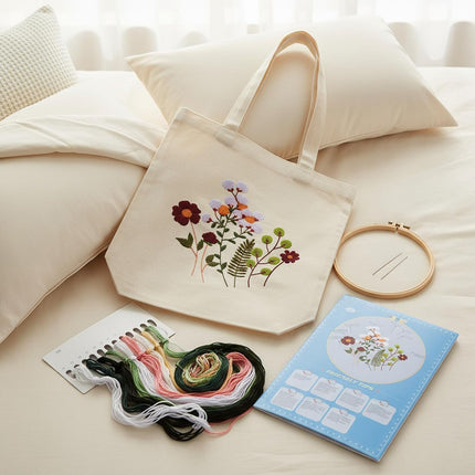 Embroidery Canvas Bag Kits for Adults Beginner Stamped Flowers Pattern DIY Cross Stitch Printed Flower Stitching Sewing Kit