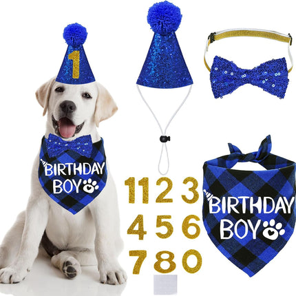 Multi Size Dog Birthday Hat & Bandana - Boy Bow Tie, Numbers, Blue