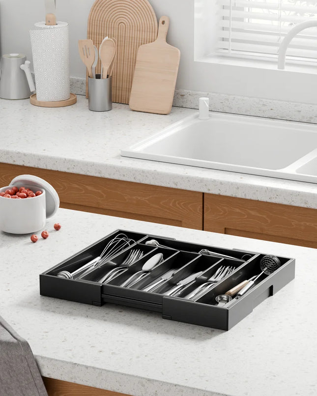 Silverware Organizer - Expandable Bamboo Kitchen Drawer Organizer for Cooking Utensils and Cutlery, Sturdy & Thickened Kitchen Organizers and Storage Solution, Large, White