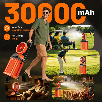 Portable Misting Fan with 15L Bucket, 30000Mah Spray Fan with Night Light, 9.5-Inch Camping Fan with Remote Control, 4 Wind Speed & 4 Spray Mister, for Patio,Fishing,Yard,Beach,Golf