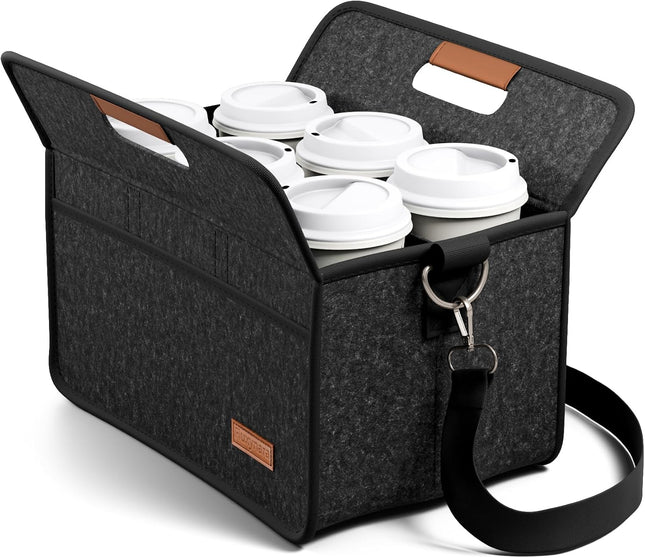 6-Cup Felt Drink Carrier Bag with Handle & Shoulder Strap