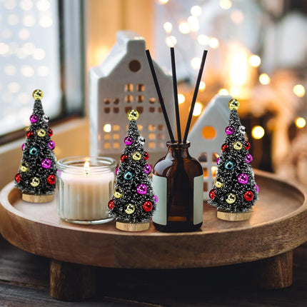 6 Pcs Artificial Mini Christmas Trees 4.3 Inch Frosted Green Bottle Brush Trees with Wood Bases Sisal Trees with White Snow and Ornaments for Winter Christmas Holiday Dollhouse Miniature Décor