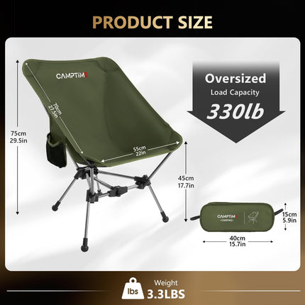 Portable Camping Chair, Lightweight Compact Backpacking Chair with Side Pocket, Wide Seat Folding Chair for Camping, Hiking, Beach - Supports 330Lbs, Green