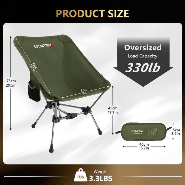 Portable Camping Chair, Lightweight Compact Backpacking Chair with Side Pocket, Wide Seat Folding Chair for Camping, Hiking, Beach - Supports 330Lbs, Green