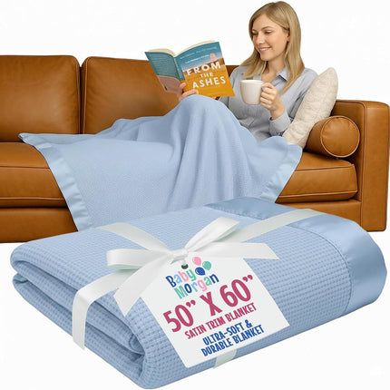 Thermal Waffle Knit Throw Blanket Satin Trim Blue 50" X 60"