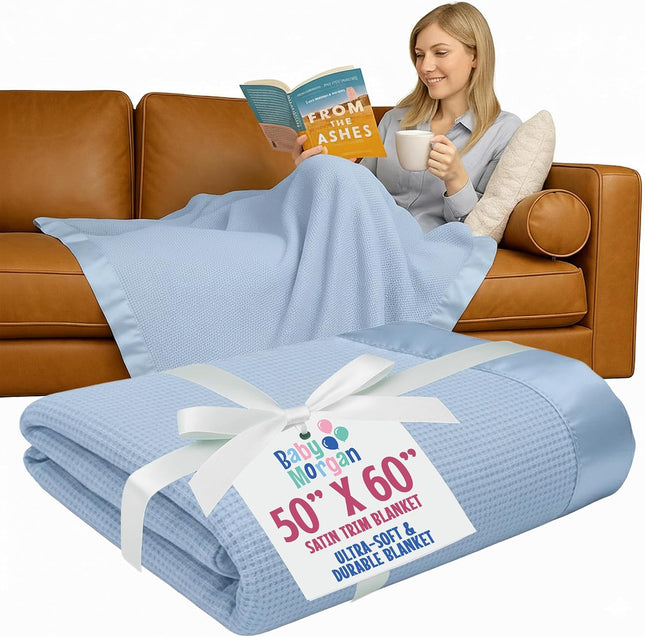 Thermal Waffle Knit Throw Blanket Satin Trim Blue 50" X 60"