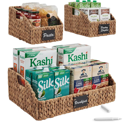 Hyacinth Angled Pantry Storage Baskets W/ Handles, Chalkboard & Marker (Set of 3) - Natural