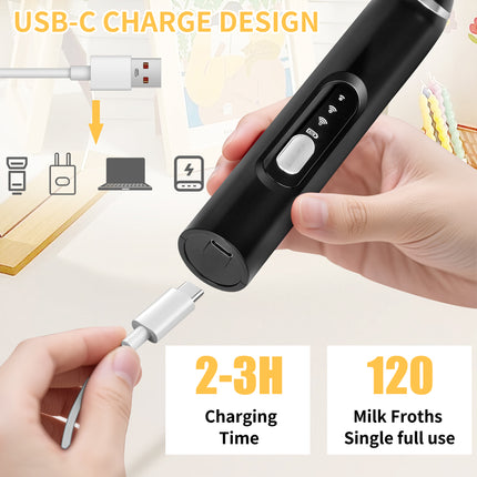 Rechargeable Milk Frother Handheld,3 Speeds Frother Wand with Stand, Coffee Frother for Coffee with 3 Stainless Whisks,Hand Mixer Electric Handheld for Lattes,Cappuccino,Matcha,Egg,Black