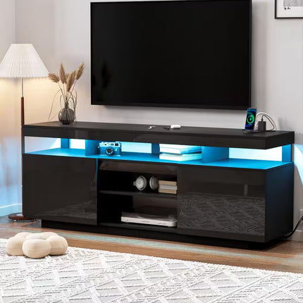 63.78 In. Modern Black TV Stand Fits Tvs up to 70 In. with RGB LED Light Strip and Outlets